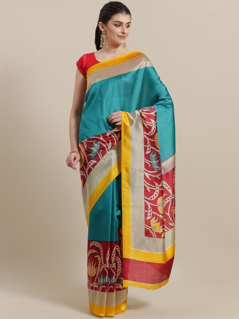 

7Rainbow Teal Green & Maroon Printed Mysore Silk Saree