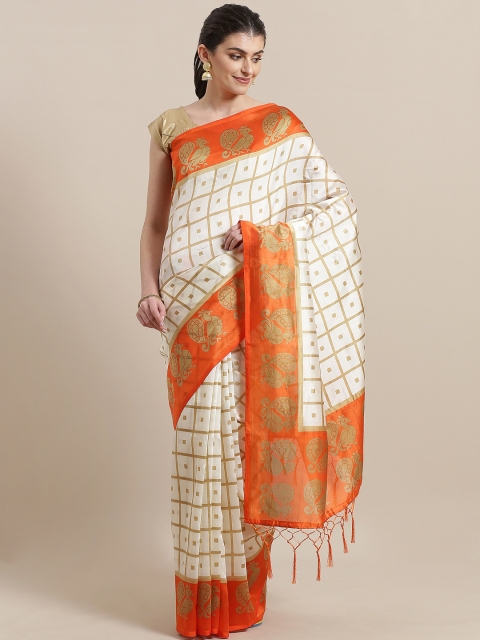 

7Rainbow Orange & White Checked Mysore Silk Saree