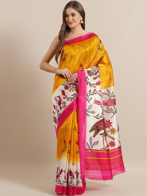 

Chhabra 555 Mustard Yellow & White Digital Printed Bhagalpuri Saree