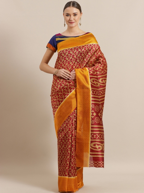 

Chhabra 555 Maroon & Mustard Yellow Ikat Inspired Digital Printed Bhagalpuri Saree