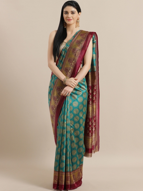 

Chhabra 555 Teal Green & Burgundy Digital Printed Bhagalpuri Saree