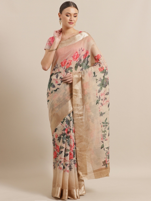 

Chhabra 555 Beige & Red Digital Printed Bhagalpuri Saree