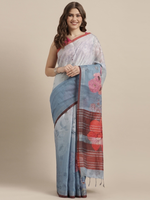 

VASTRANAND Blue & Pink Linen Blend Printed Saree