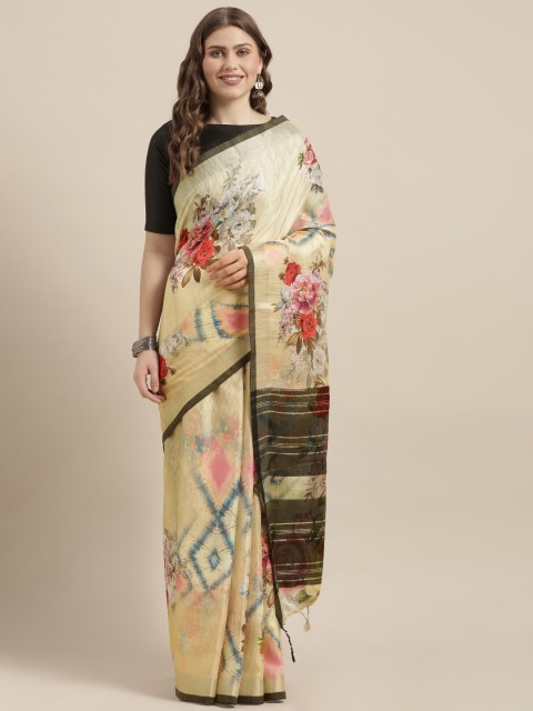 

VASTRANAND Beige & Black Linen Blend Flower Angolla Digital Printed Saree