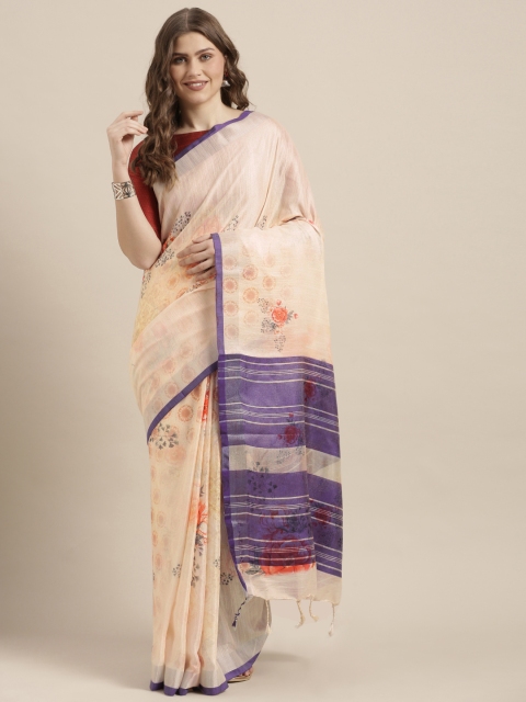 

VASTRANAND Cream-Coloured & Purple Linen Blend Printed Saree