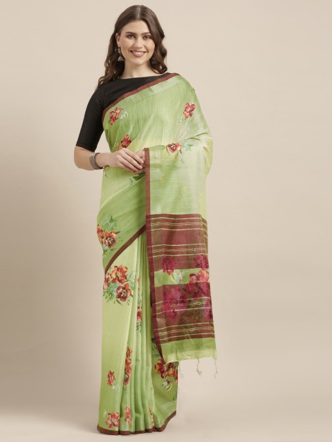 

VASTRANAND Olive Green & Burgundy Linen Blend Flower Angolla Digital Printed Saree
