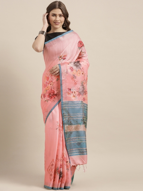 

VASTRANAND Pink & Blue Linen Blend Printed Saree