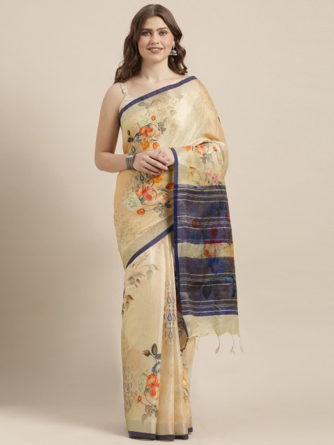 

VASTRANAND Beige & Navy Blue Linen Blend Flower Angolla Digital Printed Saree