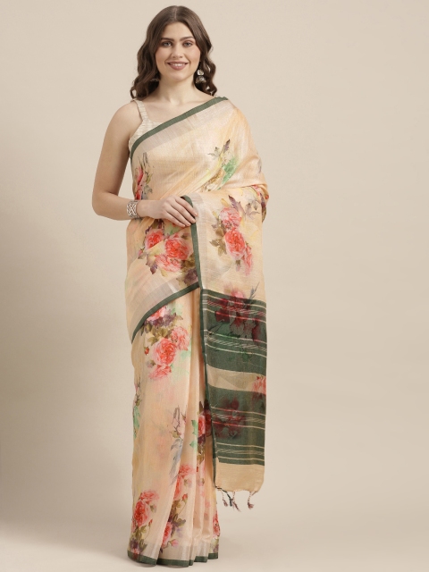 

VASTRANAND Peach-Coloured & Green Linen Blend Flower Angolla Digital Printed Saree