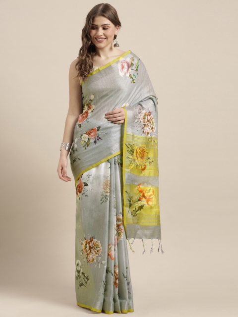 

VASTRANAND Grey & Yellow Linen Blend Flower Angolla Digital Printed Saree