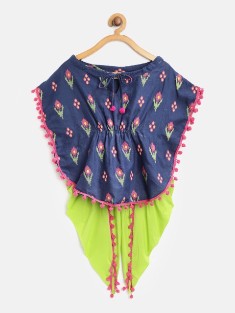 

BownBee Girls Navy Blue Printed Kaftan Top with Lime Green Dhoti Pants
