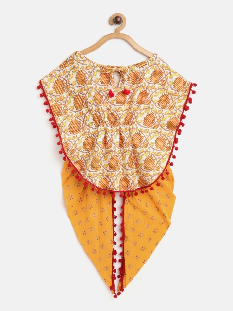 

BownBee Girls Off-White & Yellow Printed Cambric Cotton Kaftan Top with Dhoti Pants