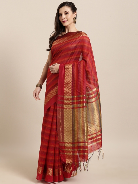 

GoSriKi Red & Yellow Silk Blend Checked Tussar Saree