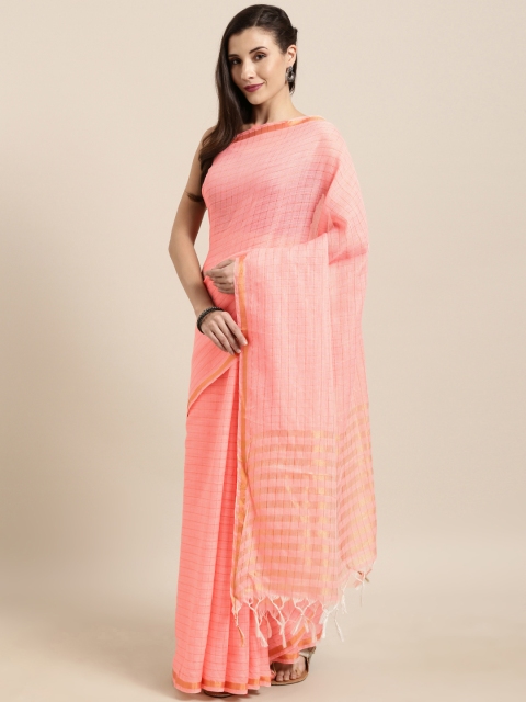 

GoSriKi Peach-Coloured & Gold-Toned Linen Blend Checked Saree