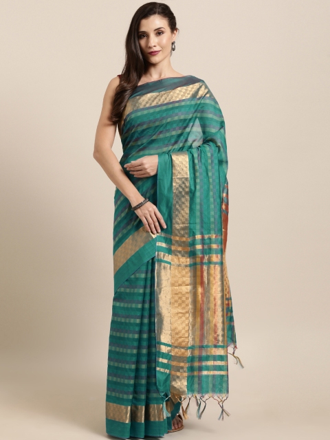 

GoSriKi Green & Gold-Toned Silk Blend Checked Tussar Saree