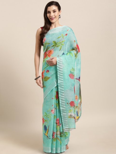 

GoSriKi Blue & Pink Linen Blend Printed Saree