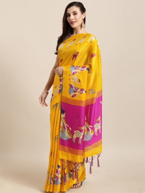 

GoSriKi Yellow & Pink Silk Blend Printed Khadi Saree