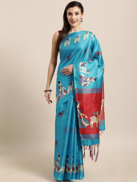 

GoSriKi Blue & Red Silk Blend Printed Khadi Saree