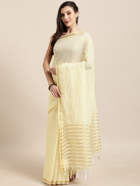

GoSriKi Cream-Coloured & Gold-Toned Linen Blend Checked Saree