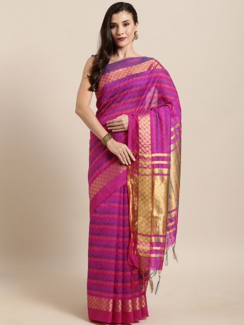 

GoSriKi Pink & Purple Silk Blend Checked Tussar Saree