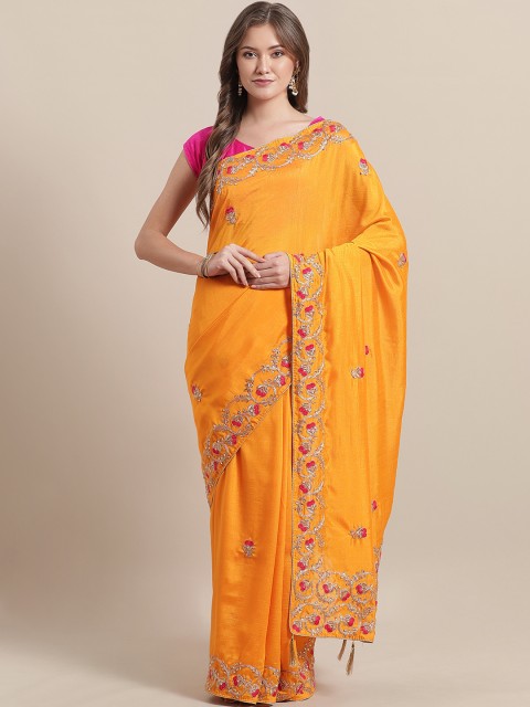 

Mitera Mustard Yellow & Golden Embroidered Mysore Silk Saree