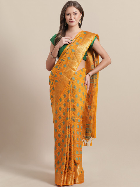 

Mitera Mustard Yellow & Green Woven Design Banarasi Saree