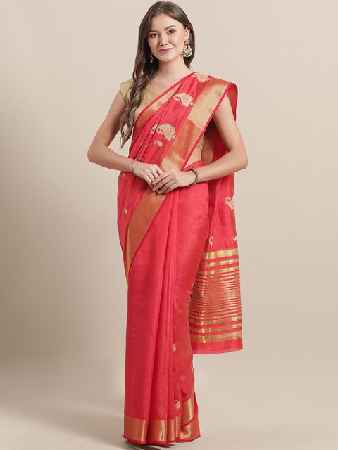 

Mitera Red & Beige Embroidered Tussar Saree