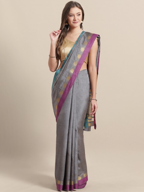 

Mitera Charcoal Grey & Blue Solid Saree