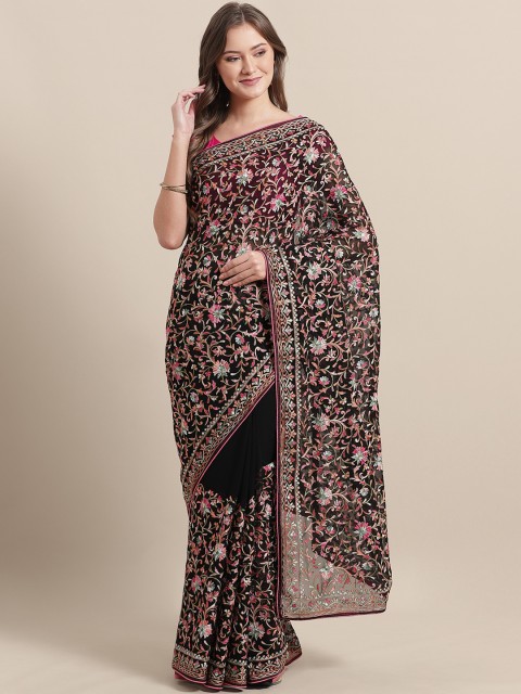 

Mitera Black & Pink Kashmiri Embroidered Saree