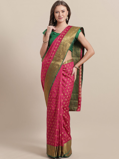 

Mitera Pink & Golden Zari Woven Design Tussar Saree