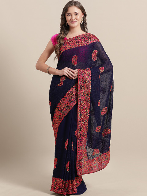 

Mitera Navy Blue & Pink Embroidered Saree