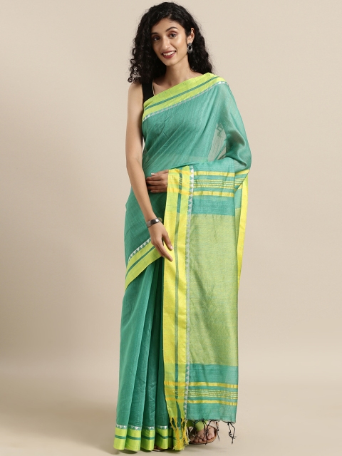 

aamna Sea Green Linen Blend Striped Tussar Saree