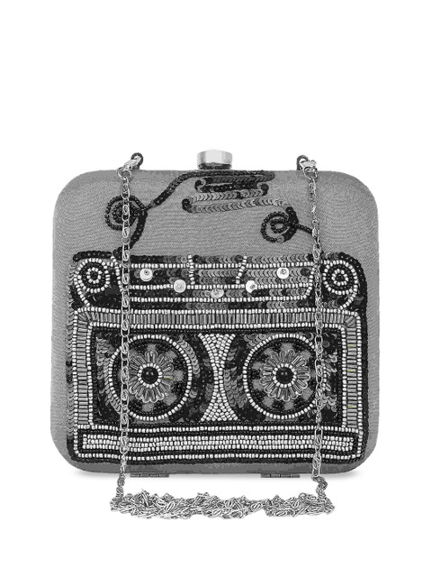 

Anekaant Grey & Black Embellished Embellished Clutch
