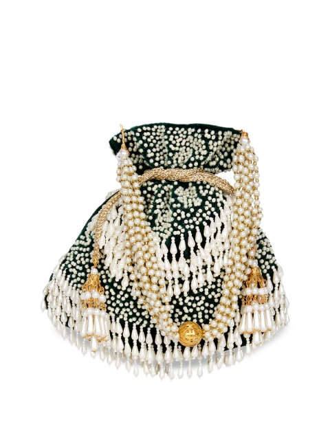 

Anekaant Green & White Embellished Tasselled Clutch