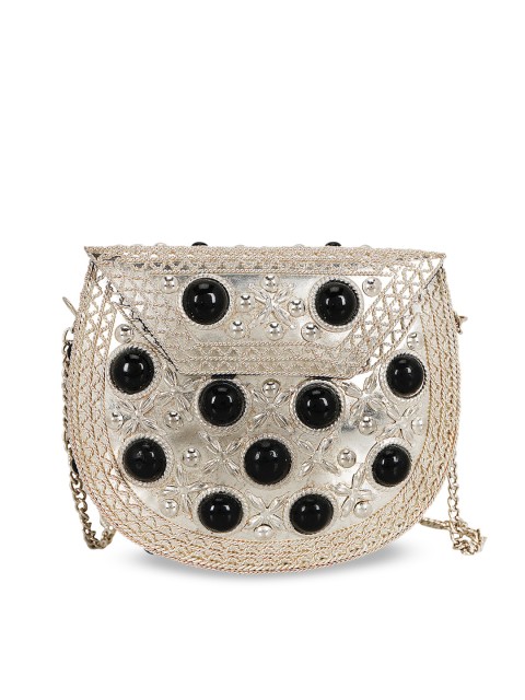 

Anekaant Silver-Toned & Black Embellished Clutch