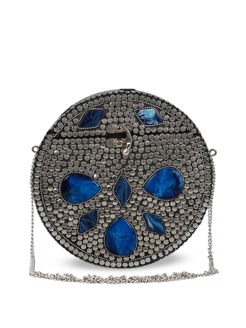 

Anekaant Silver-Toned & Blue Mosaic Embellished Metal Purse