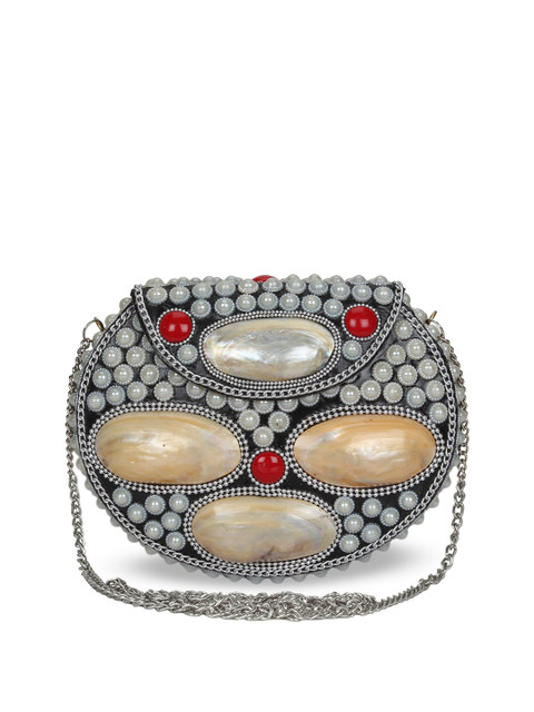 

Anekaant Silver-Toned Mosaic Embellished Metal Purse