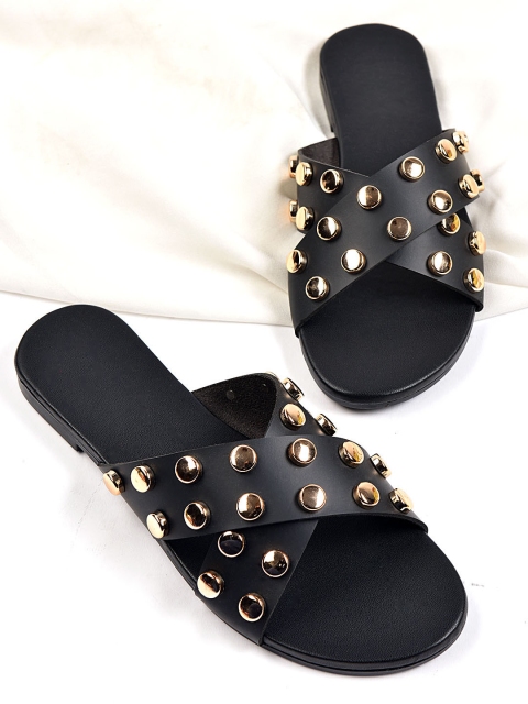 

Street Style Store Women Black & Gold-Toned Studded Open Toe Flats