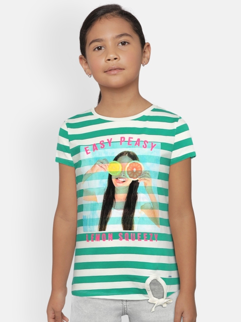 

Lee Cooper Girls Green & White Striped & Printed Round Neck T-shirt