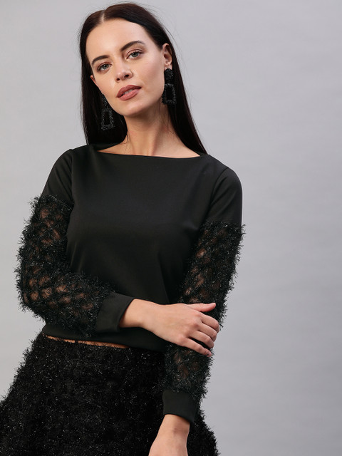 

EMBLAZE Women Black Solid Cropped Top With Faux Fur Detailing