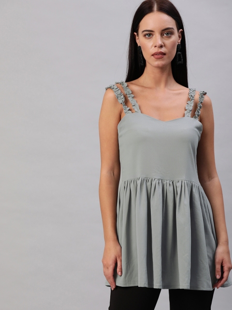 

EMBLAZE Women Grey Solid Longline A-Line Top With Ruffle Detailing