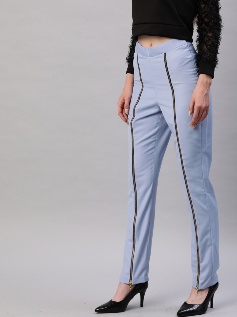 

EMBLAZE Women Blue Classic Tapered Fit Solid Cigarette Trousers With Zip Closure