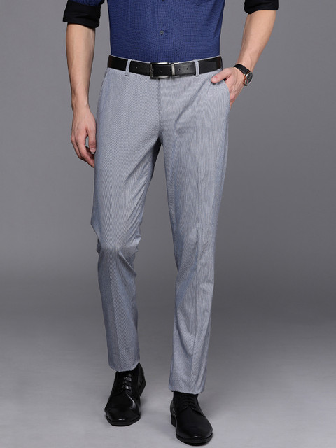

SUITLTD Men Navy Blue & White Slim Fit Striped Formal Trousers