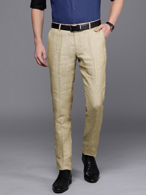 

SUITLTD Men Khaki Slim Fit Solid Formal Linen Trousers