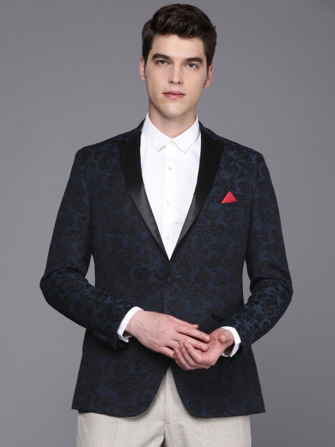 

SUITLTD Men Navy Blue & Black Self Design Slim Fit Party Blazer