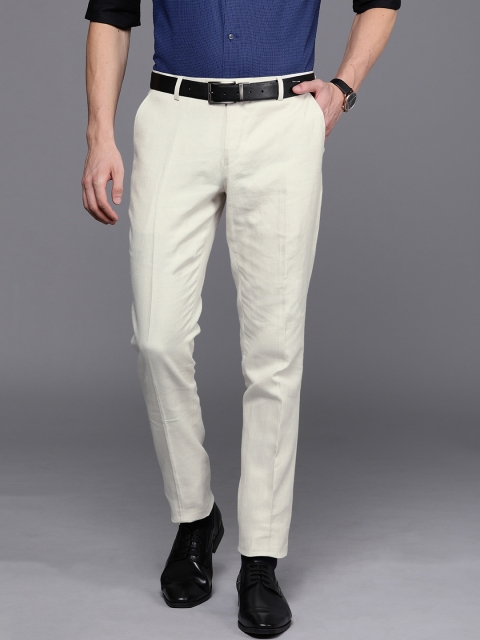 

SUITLTD Men Cream-Coloured Slim Fit Solid Linen Formal Trousers