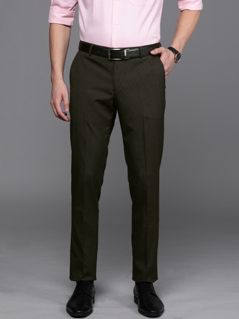 

SUITLTD Men Brown & Grey Slim Fit Striped Formal Trousers