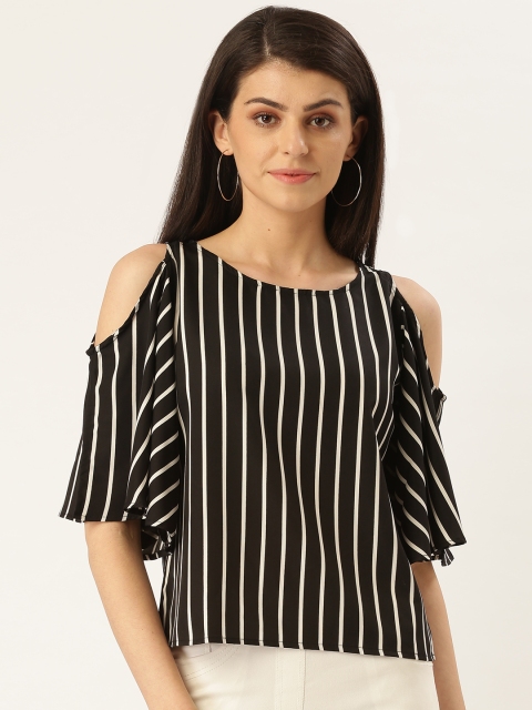 

Style Quotient Women Black & White Cold-Shoulder Striped Top