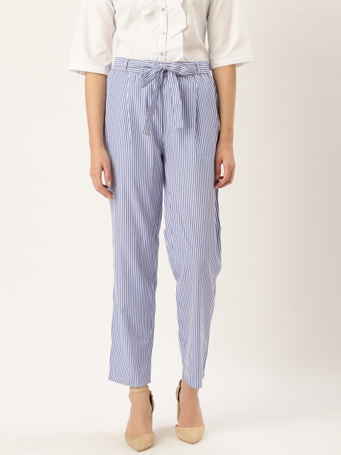 

Style Quotient Women Blue & White Original Tapered Fit Easy Wash Striped Regular Trousers