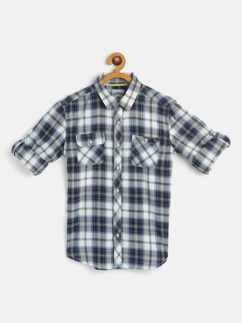 

Lee Cooper Boys Navy Blue & White Pure Cotton Regular Fit Checked Casual Shirt